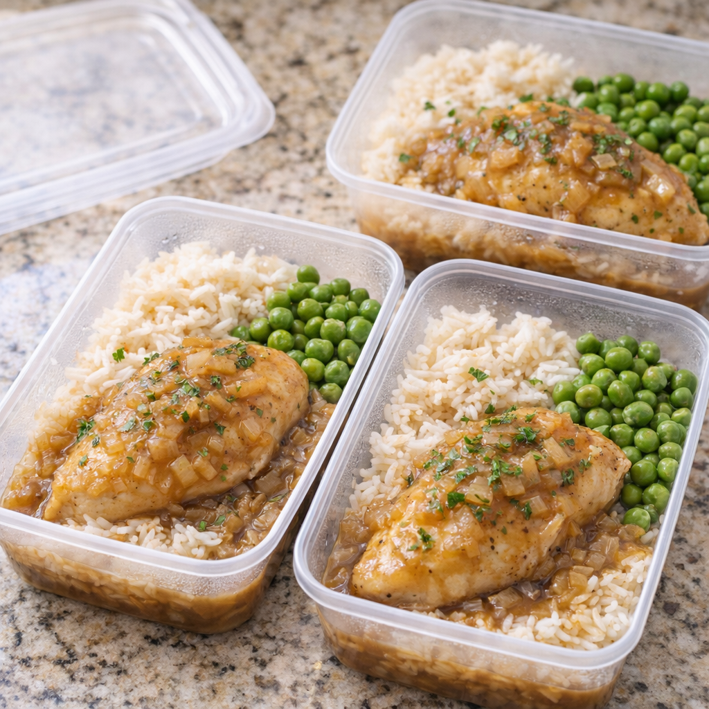 Leftover onion chicken packed into meal prep containers