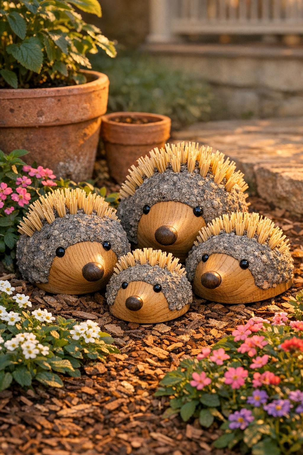 Finished garden ornaments made from scrub brushes displayed in a flower bed