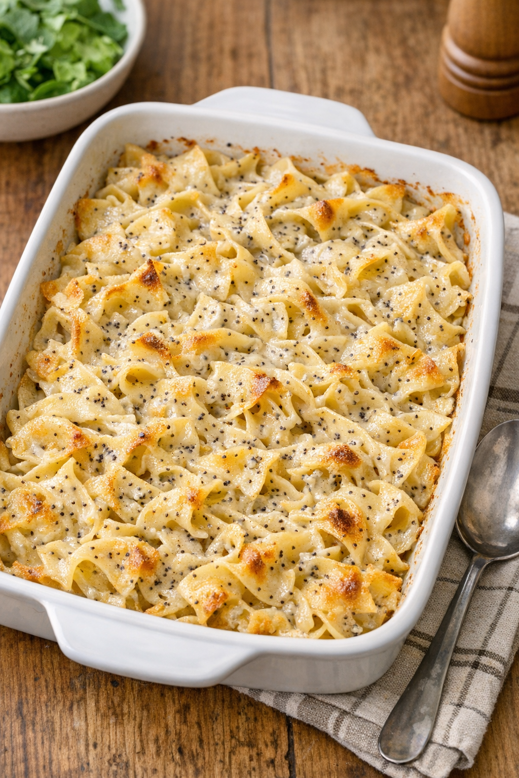 Finished Amish poppy seed noodle casserole in a baking dish