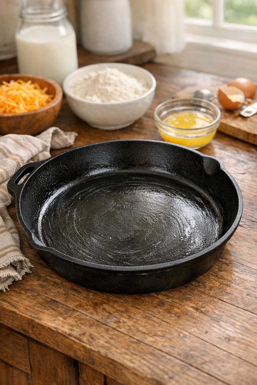 Greased cast iron skillet ready for biscuit batter