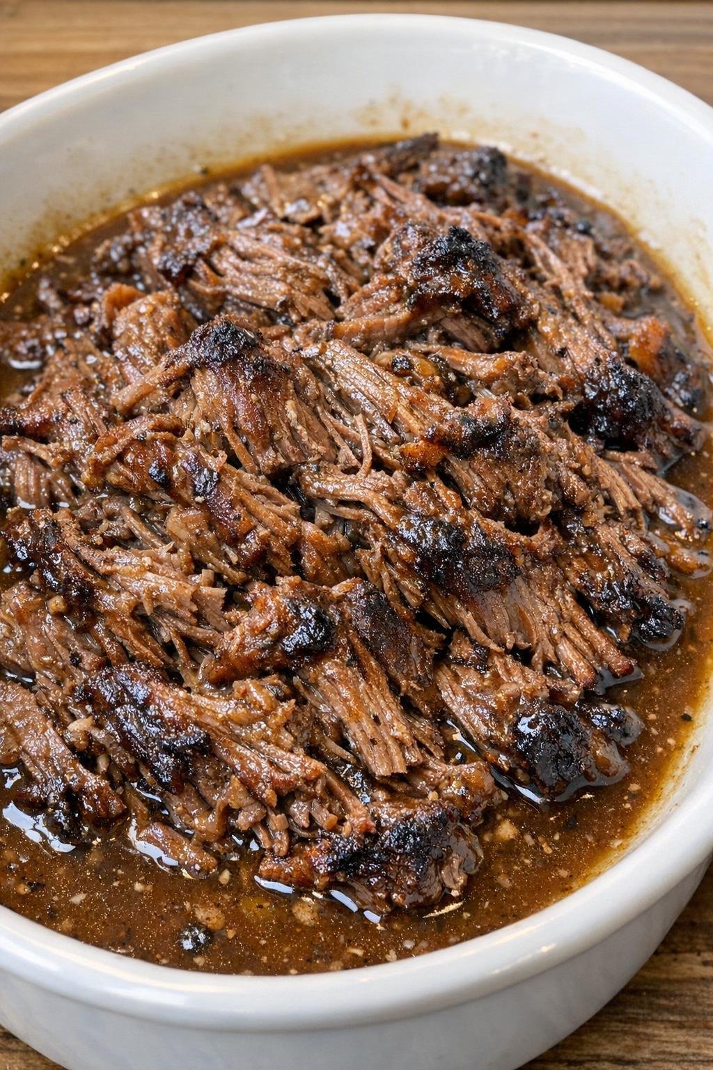 Tender shredded beef pot roast in brown gravy