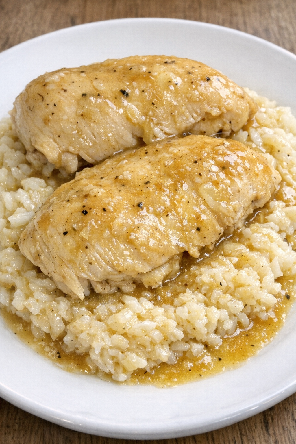 Slow cooker Amish chicken and rice plated on a white ceramic plate