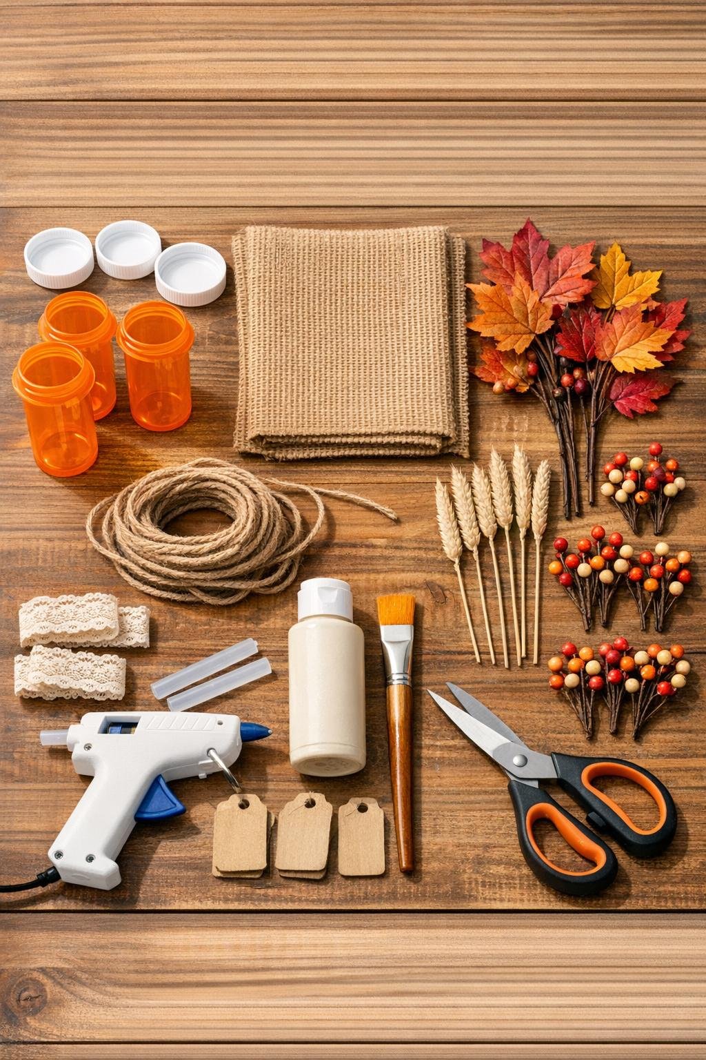 Materials for three autumn pill bottle bud vases laid out on a table