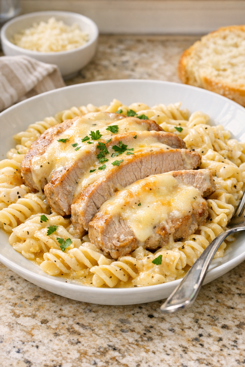 Finished Amish Muenster pork pasta plated in a shallow bowl