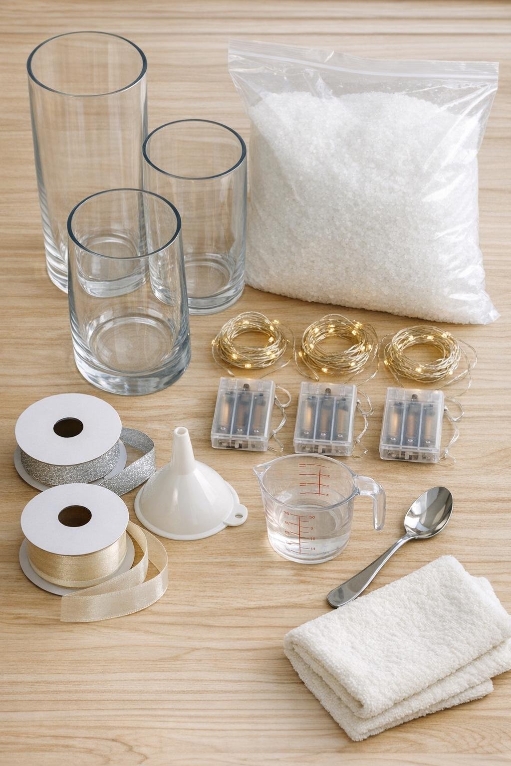 Materials laid out for glass vase fairy light mantel decor