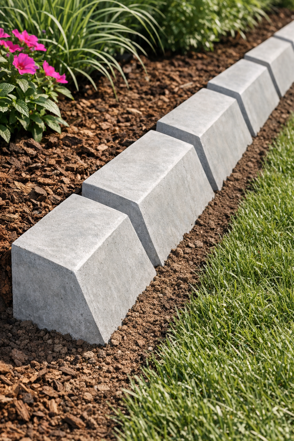 Finished angled concrete landscape edging installed along a garden bed