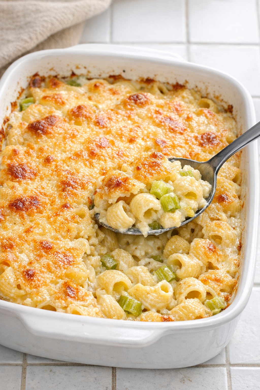 Finished baked celery macaroni in a ceramic casserole dish