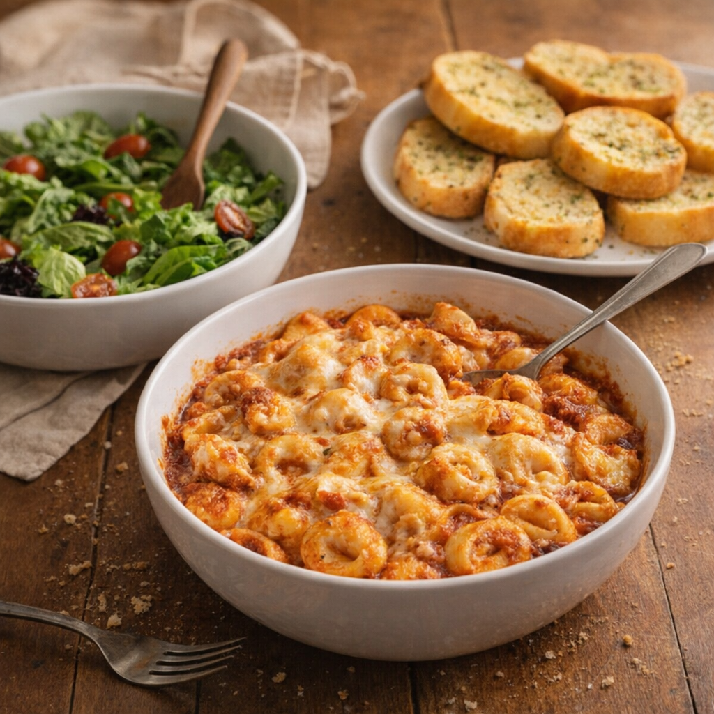 Family-style pasta dinner with salad and bread
