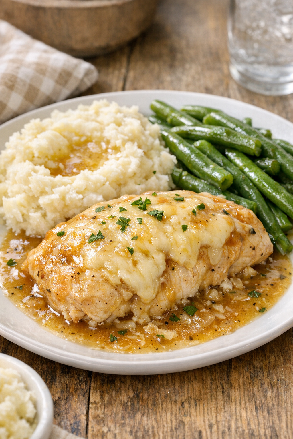 Finished Swiss cheese chicken plated with creamy gravy