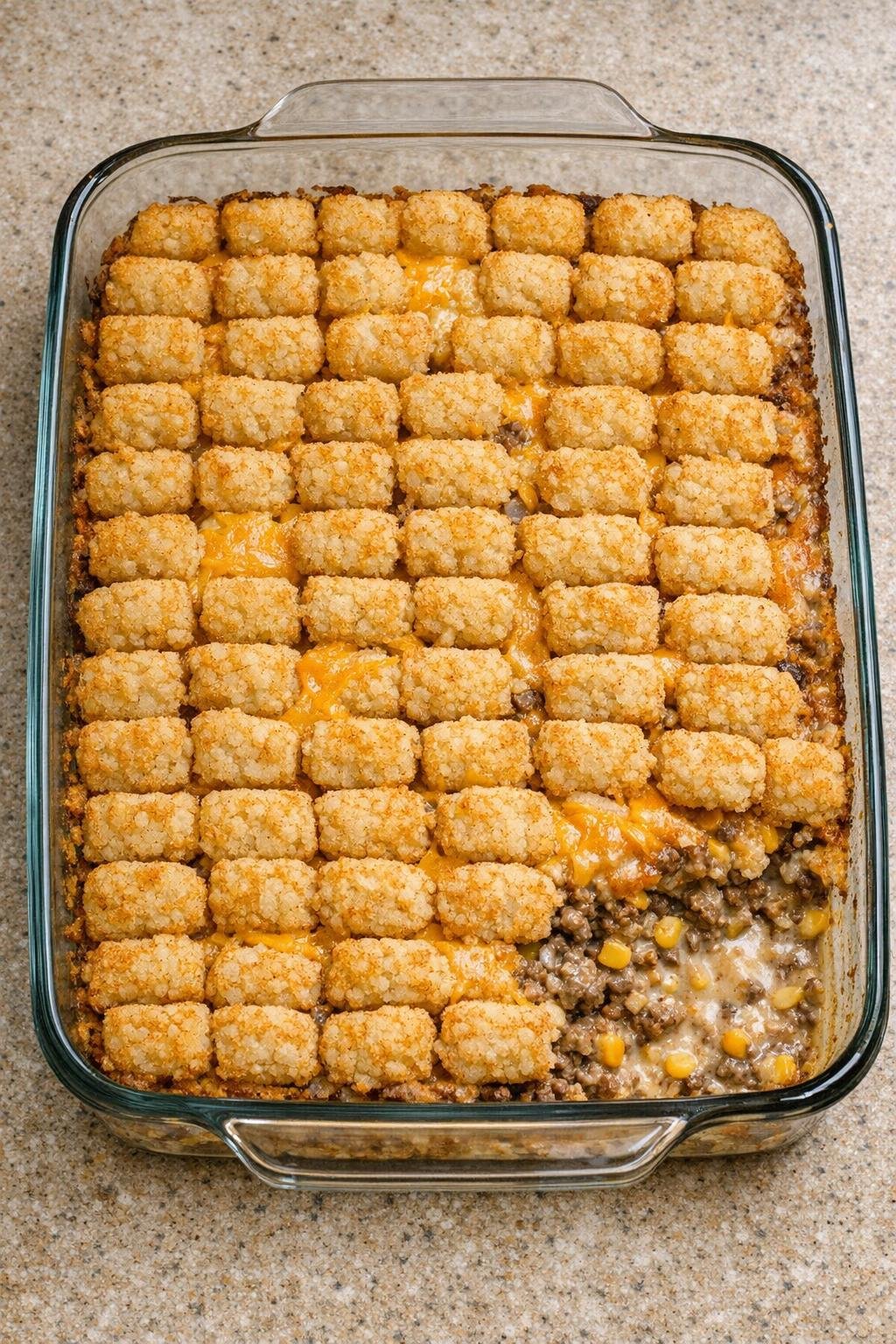 Finished cowboy casserole in a glass baking dish