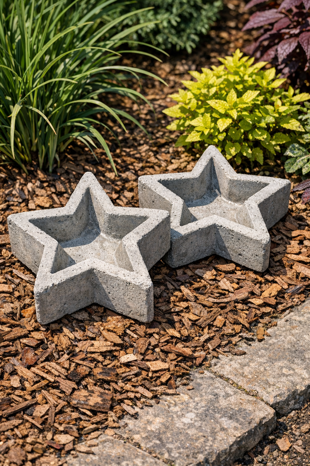 Two finished cement star yard molds displayed in a garden setting