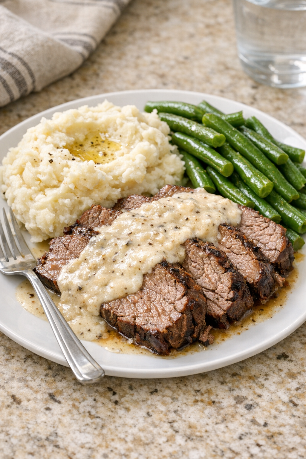 Finished Amish horseradish beef plated with mashed potatoes