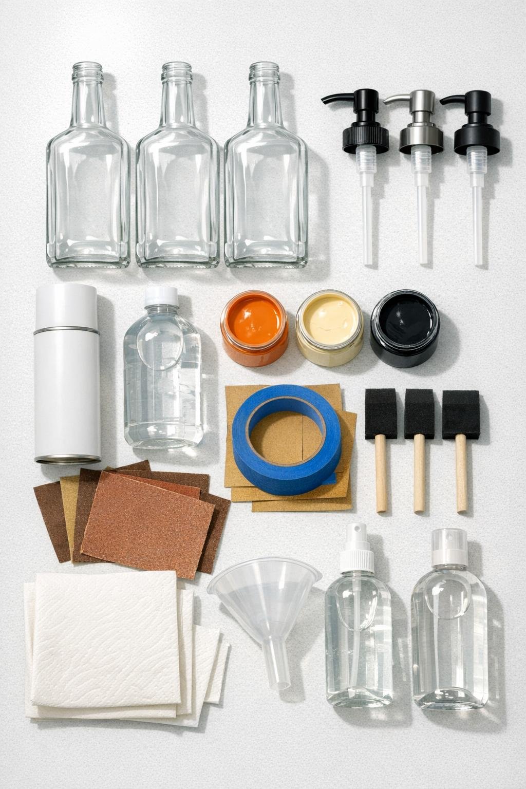 Materials for making three fall-themed soap dispensers from old glass liquor bottles