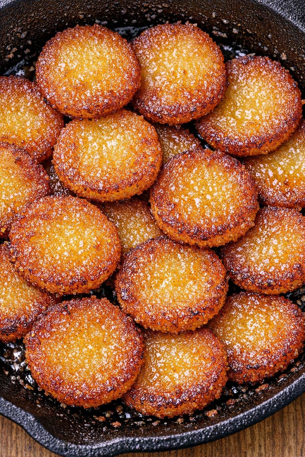 Southern 3-ingredient crispy cornmeal pennies in a cast iron skillet