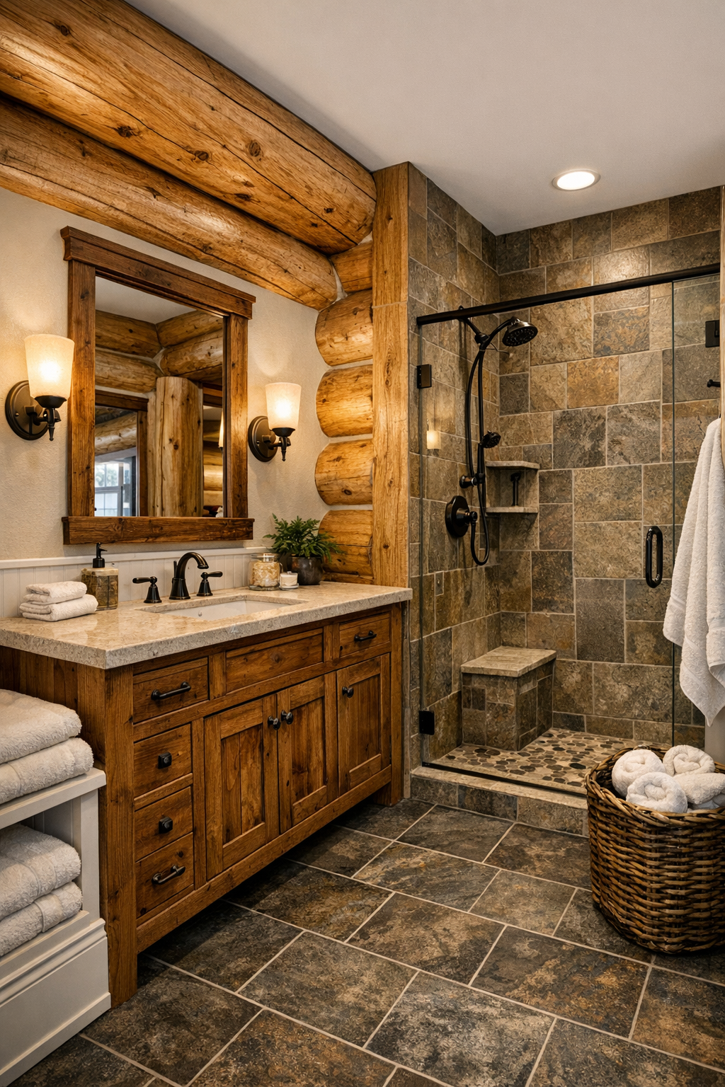 Rustic bathroom with wood vanity, soft stone finishes, and warm lighting