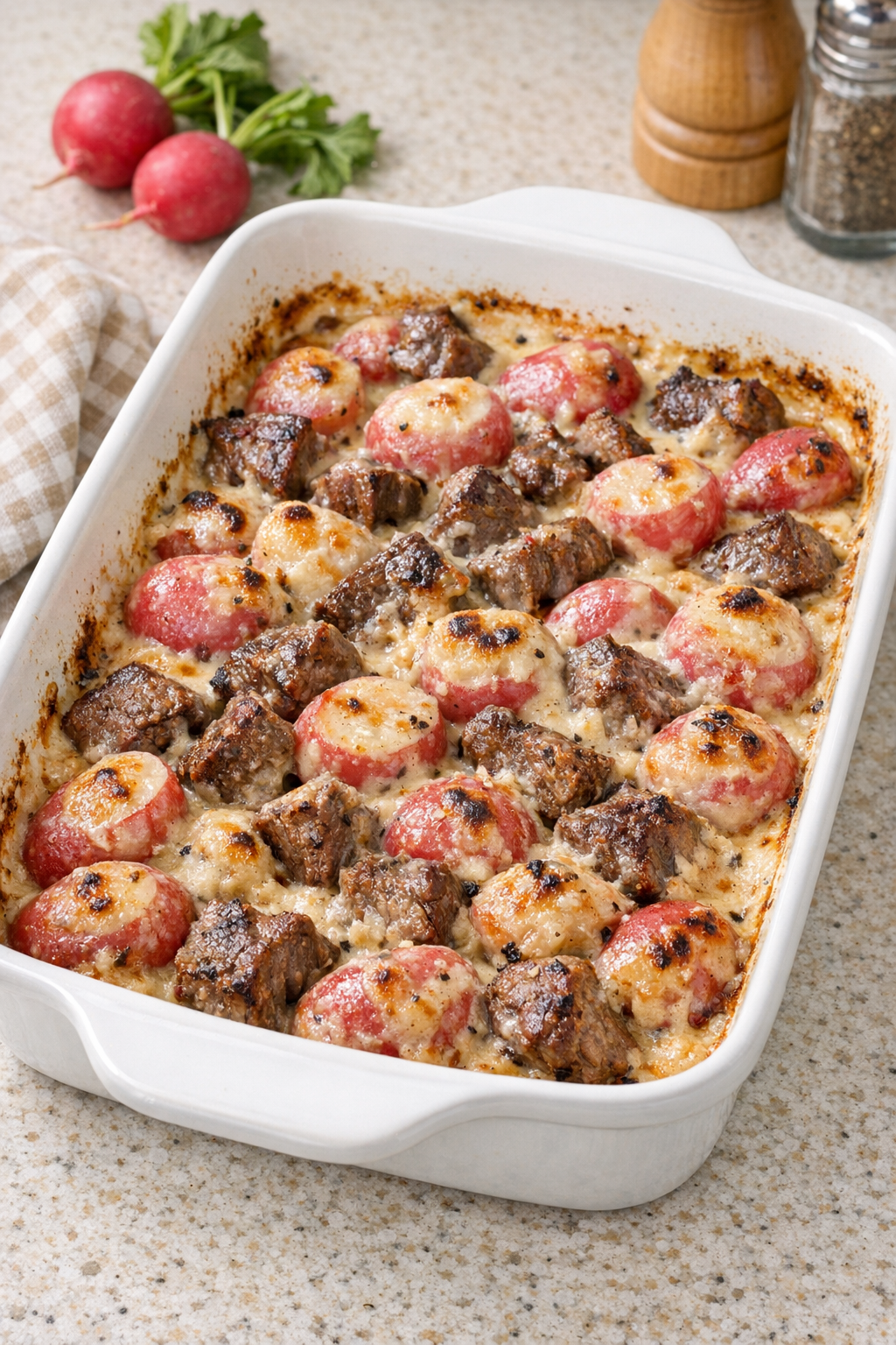 Finished Amish beef and radish bake in a casserole dish