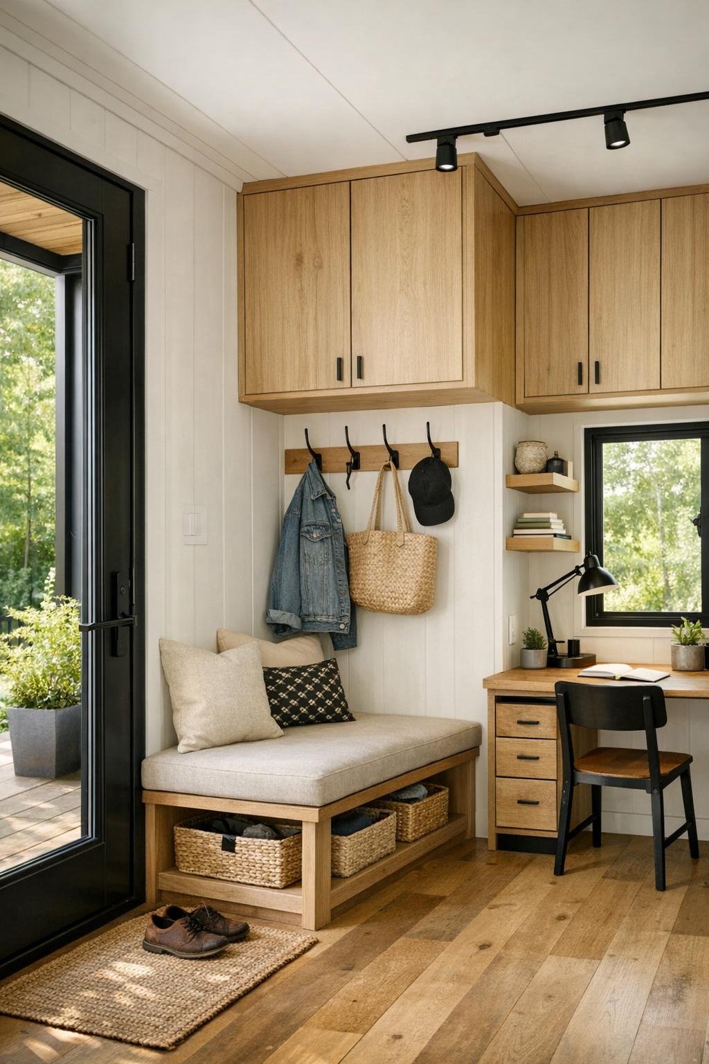 Smart built-in entry and workspace area inside a modern container home