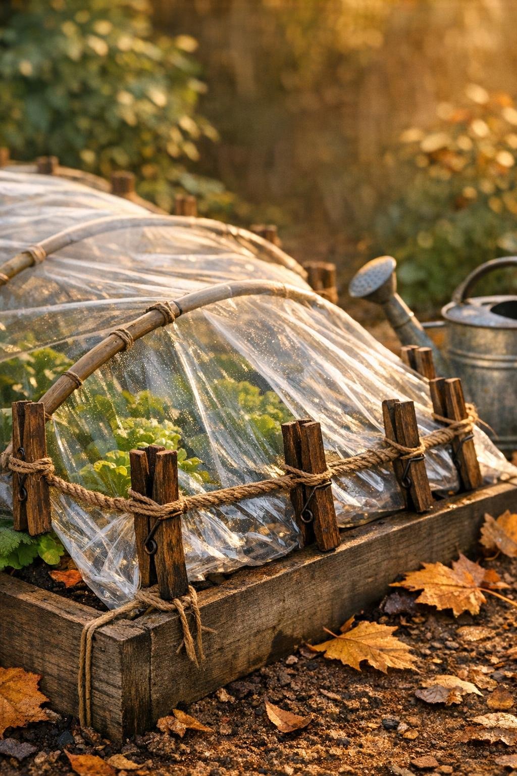 Finished fall garden bed cover secured with wooden clothespin clamps