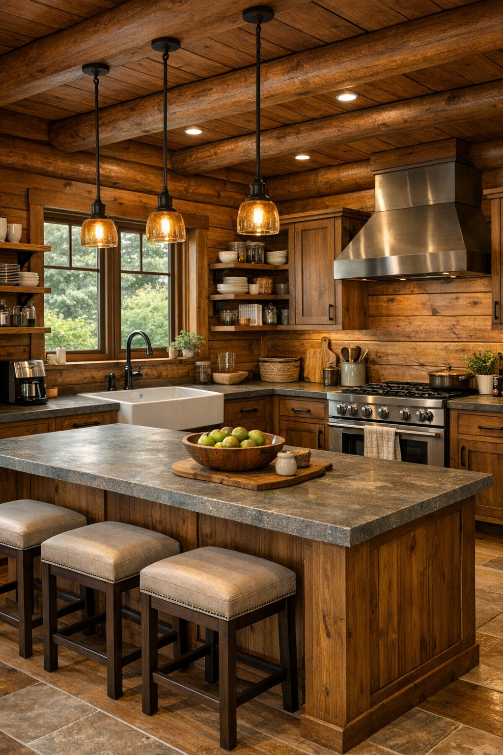 Log home kitchen with wood cabinetry, island, and farmhouse sink