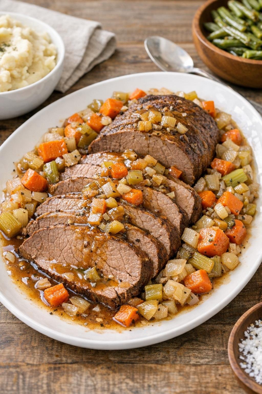 Finished eye of round roast sliced and plated with vegetables and juices