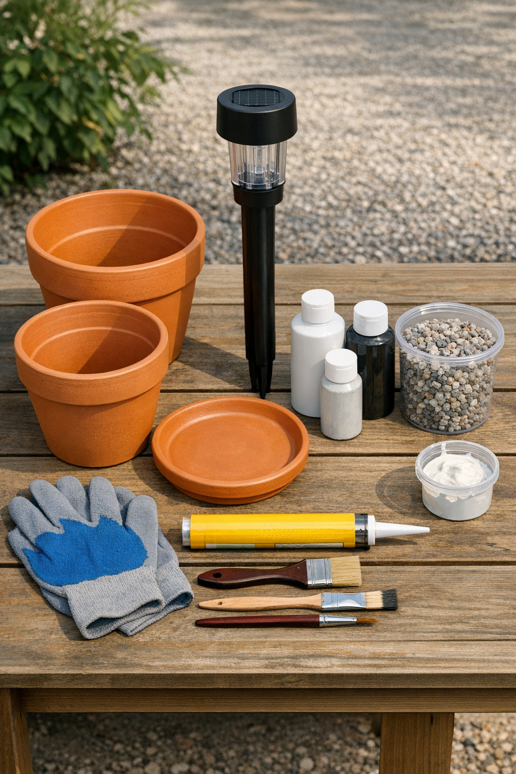 Terracotta pots, solar stake light, paint, and assembly materials laid out for the project