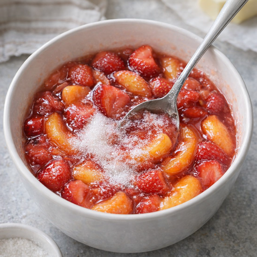 Fruit filling and sugar being stirred together in a small bowl