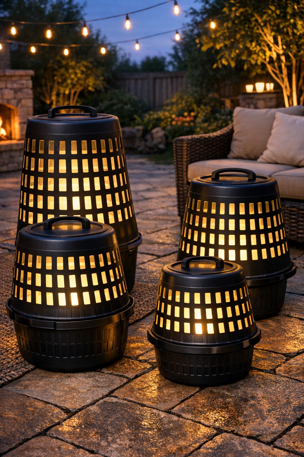 Finished giant outdoor patio lanterns glowing warmly