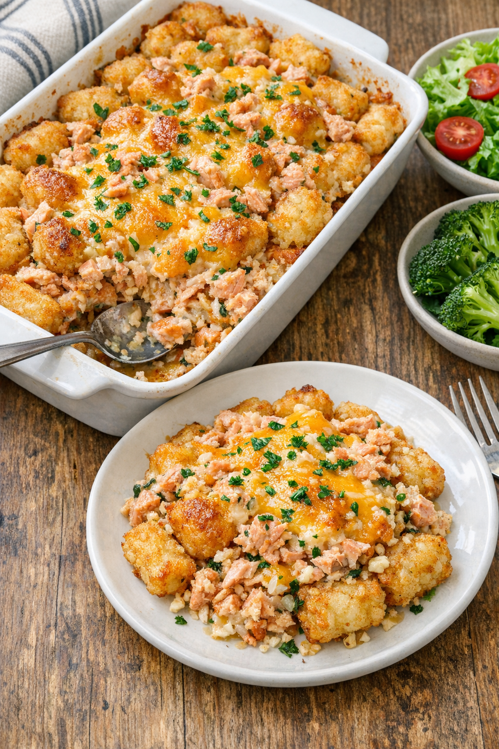 Finished baked salmon tots casserole in a baking dish