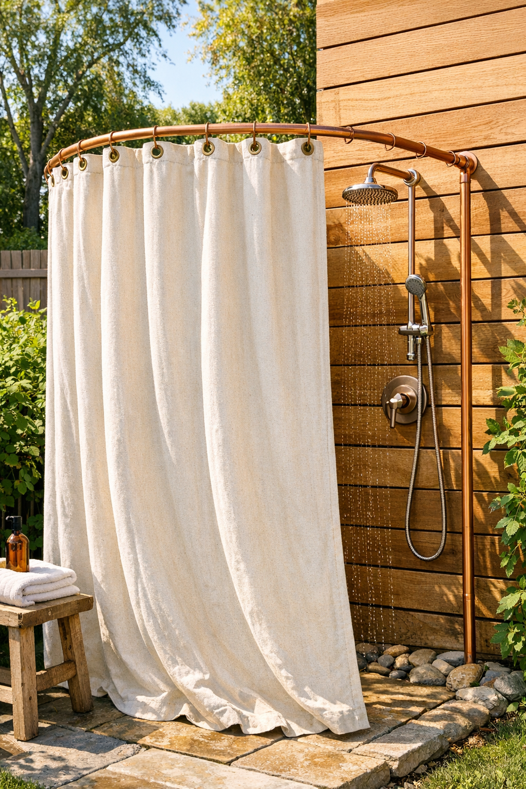 Finished outdoor shower curtain on curved copper pipe frame