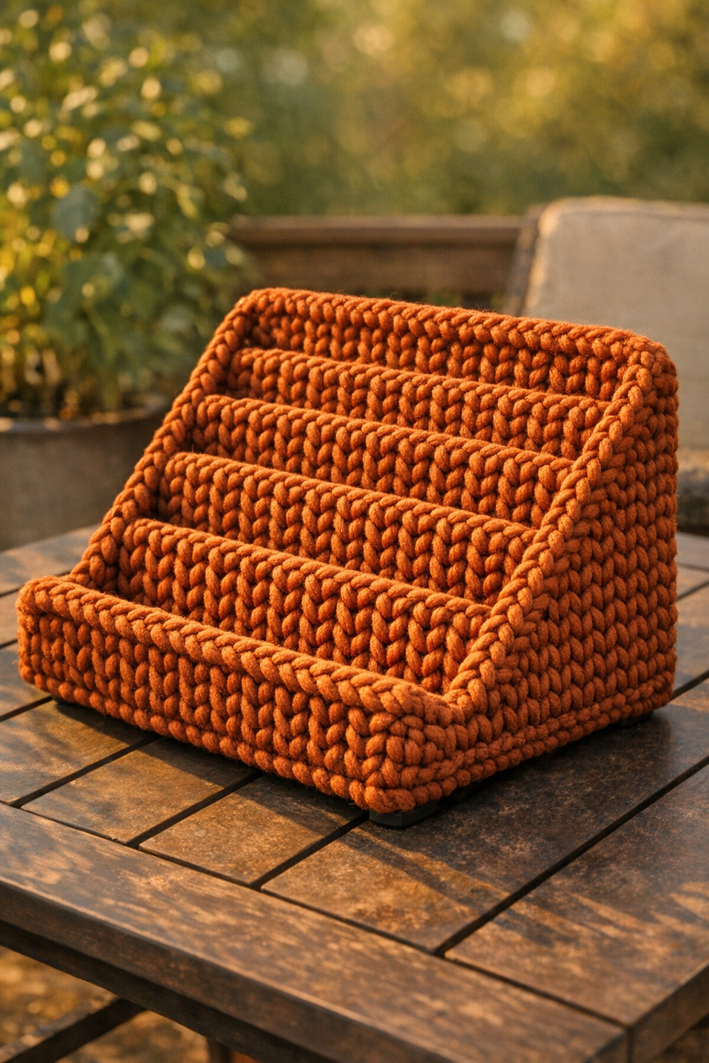 Finished crocheted dish drainer book holder propped at a reading angle