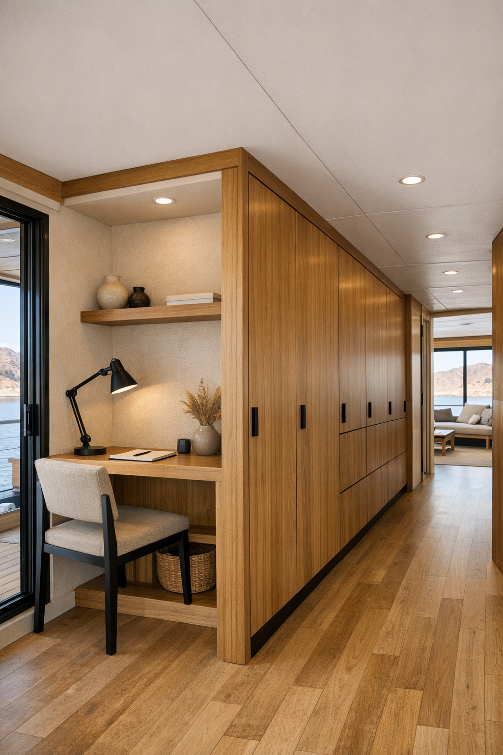 Flexible desert modern houseboat passage and workspace with built-in storage and warm neutral finishes