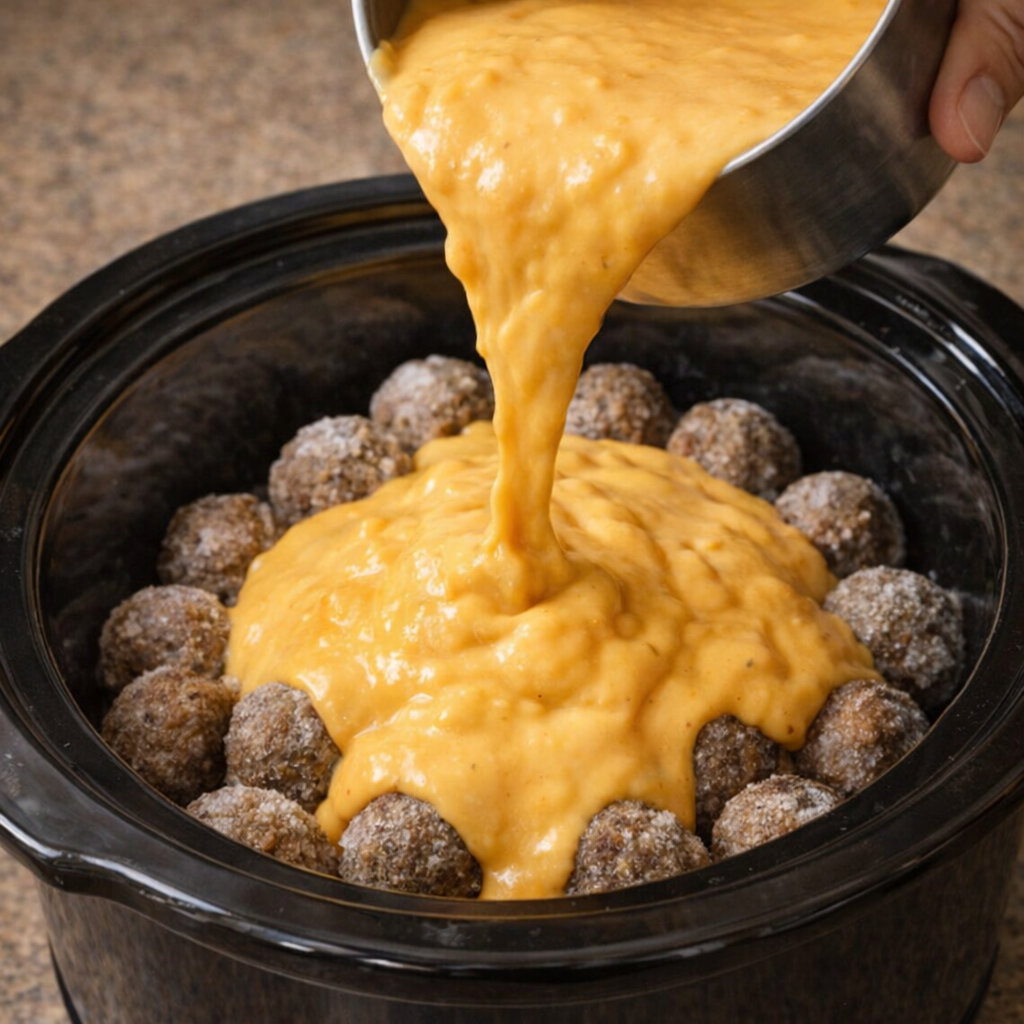 Cheddar sauce being poured over meatballs in the slow cooker