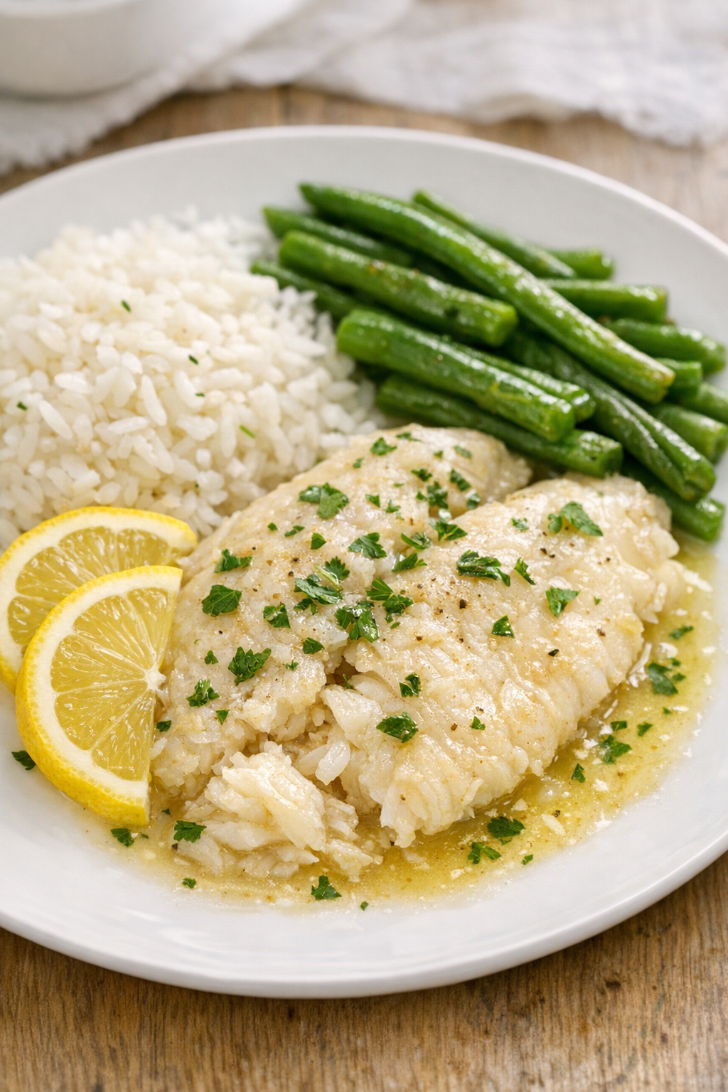 Plated slow cooker tilapia with lemon and herbs