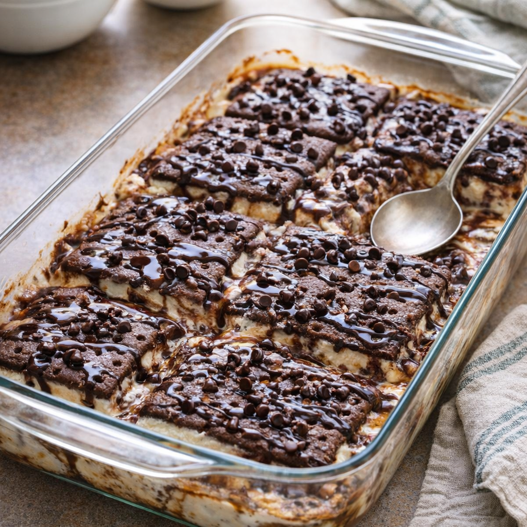 Oven-baked ice cream sandwich dessert in a family kitchen