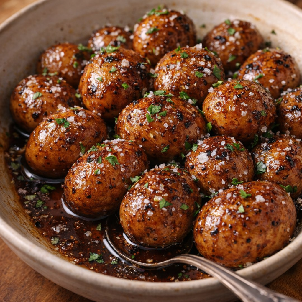 Finished glazed potatoes with parsley and flaky salt