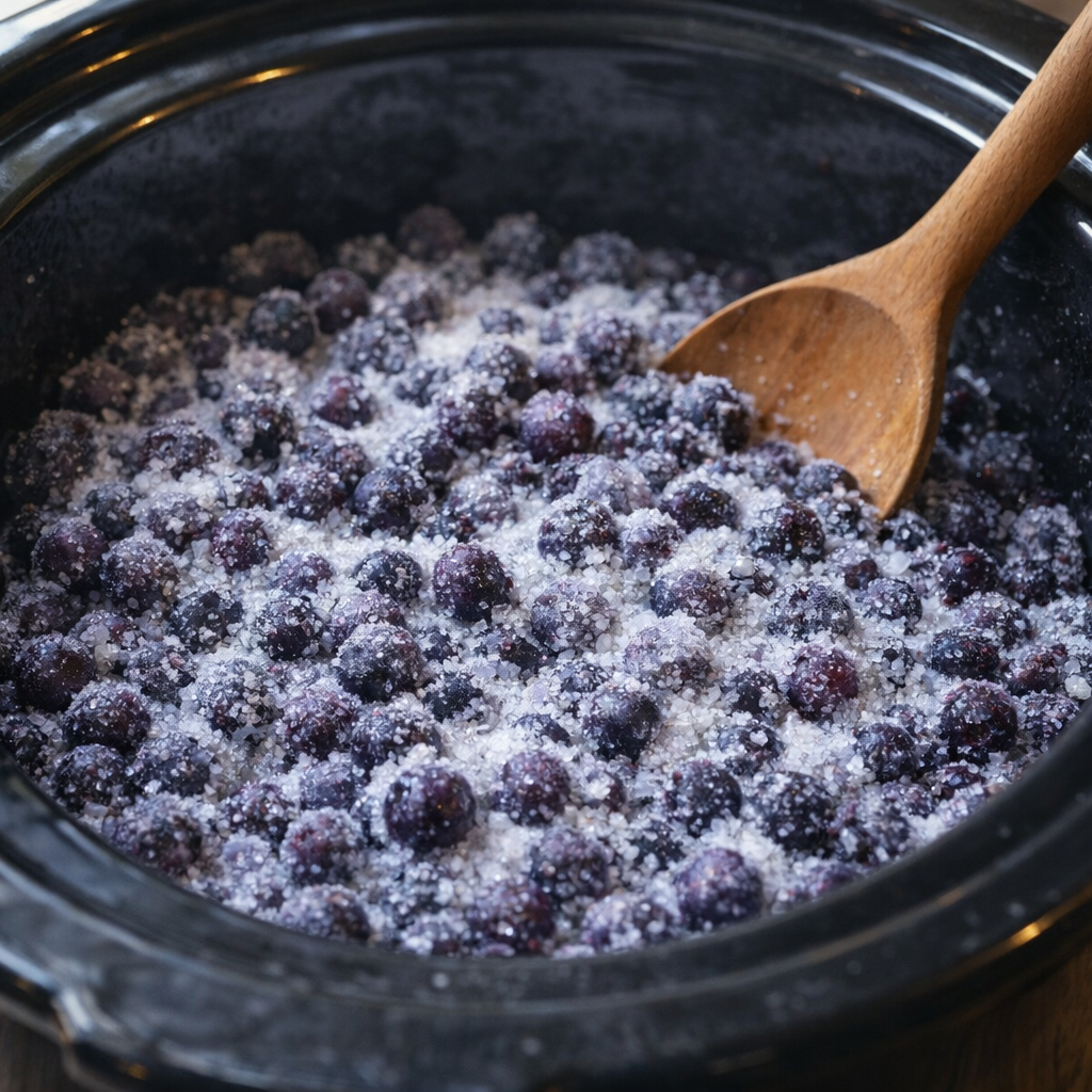Frozen blueberries and sugar mixed in a slow cooker insert