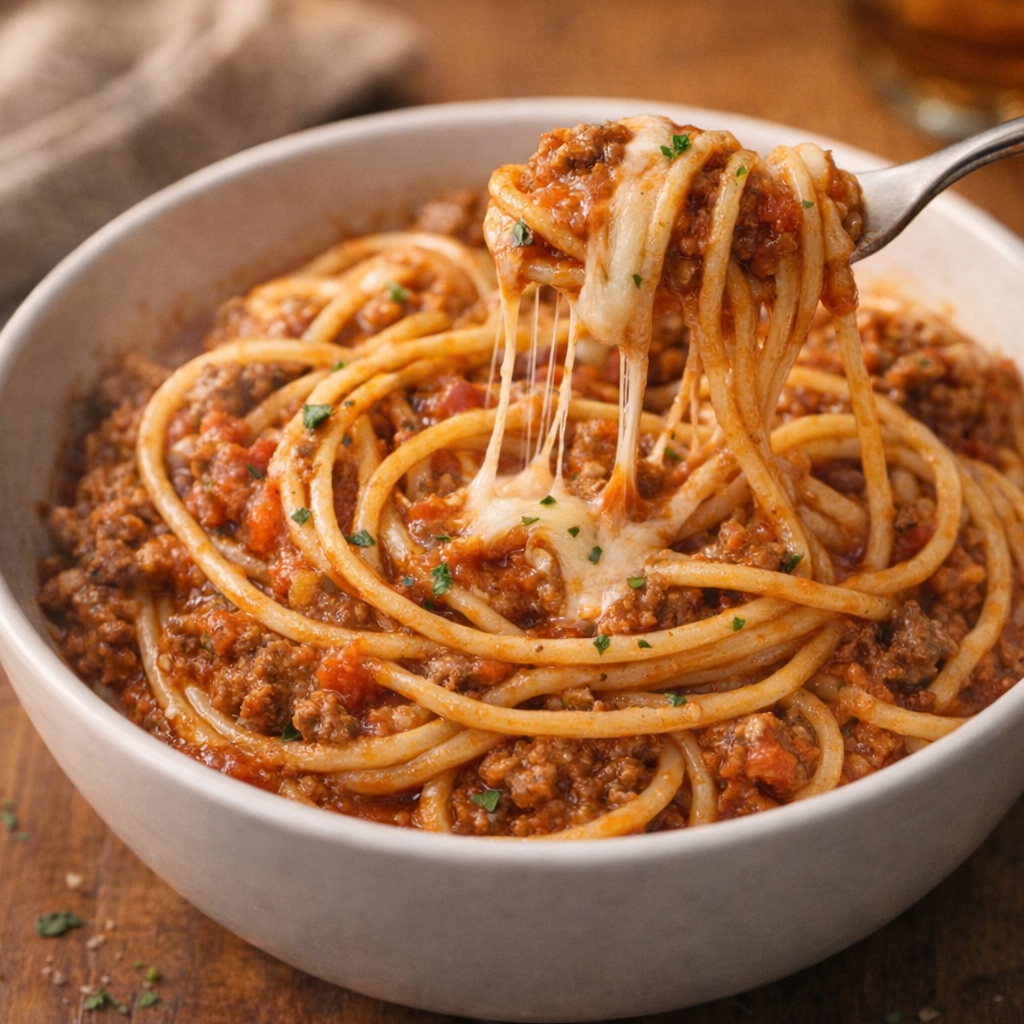 Close-up bowl of cheesy spaghetti with melted mozzarella