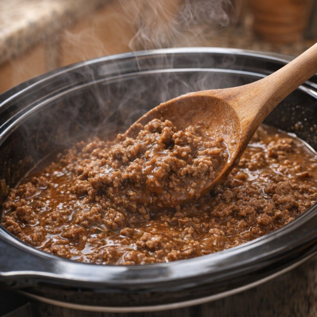 Cooked ground beef being stirred into gravy in a slow cooker