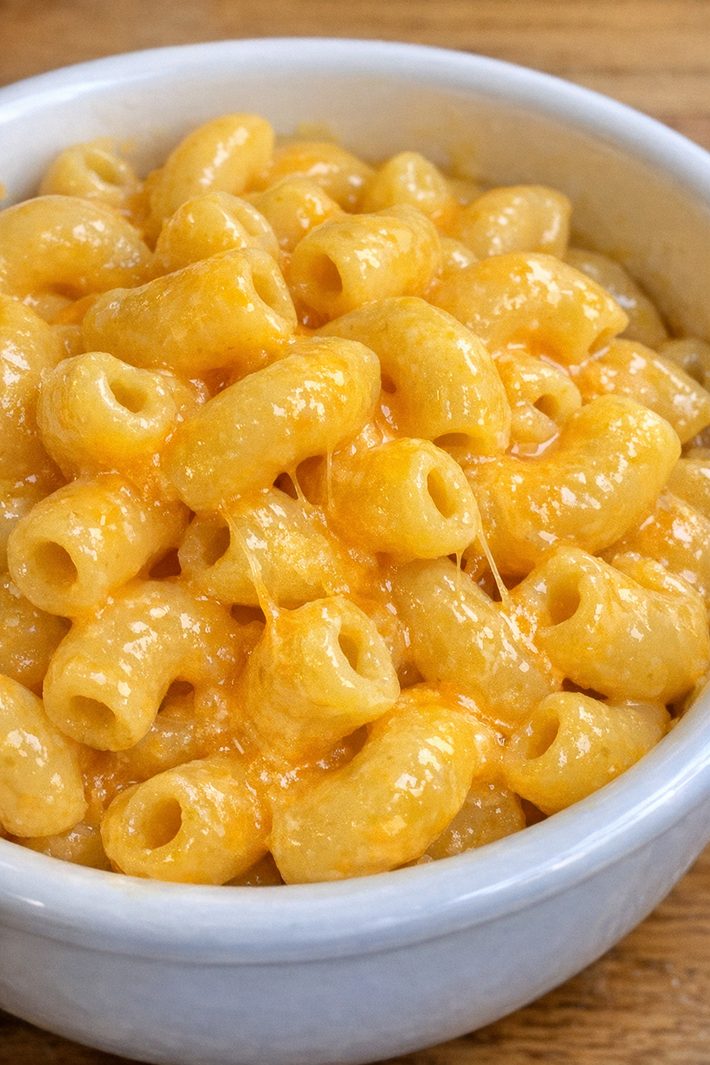 Close-up of 3-ingredient mac and cheese in a white ceramic bowl