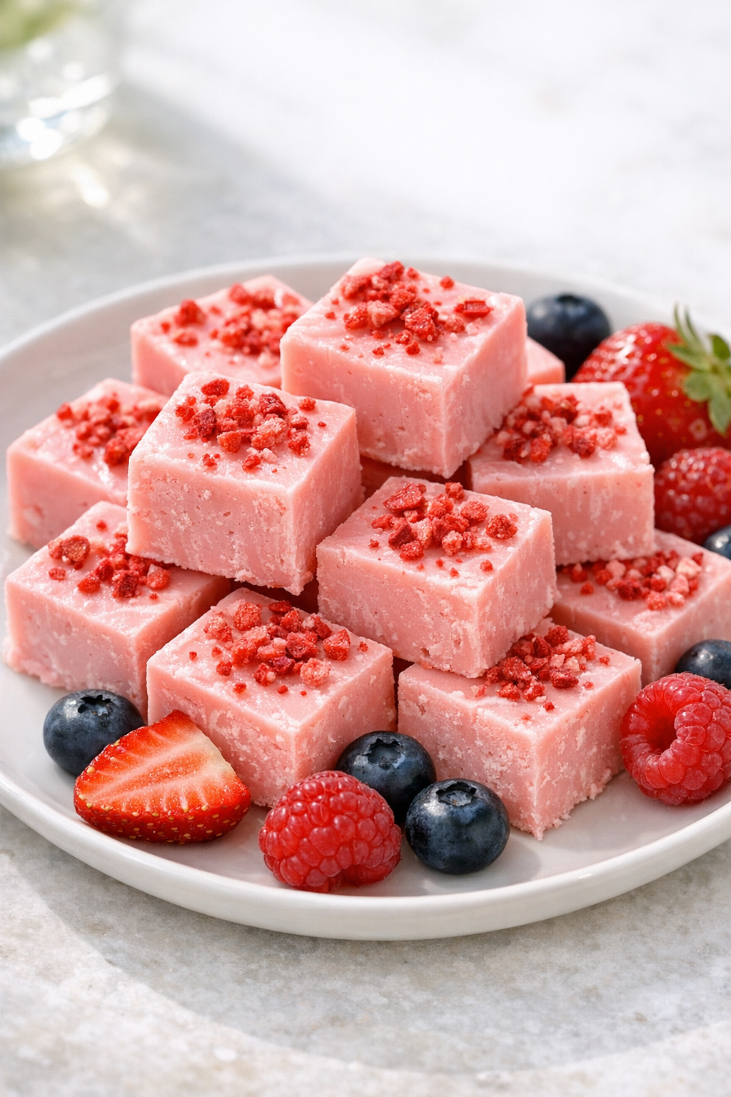 Plated pink refresher fudge squares served with berries