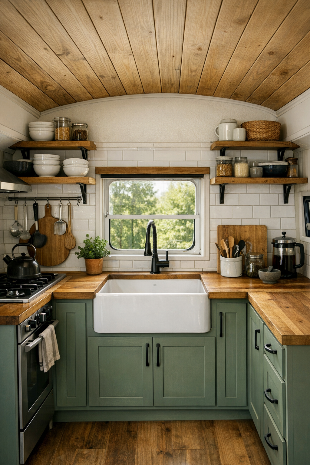 Small but efficient converted bus kitchen with green cabinetry and butcher block counters