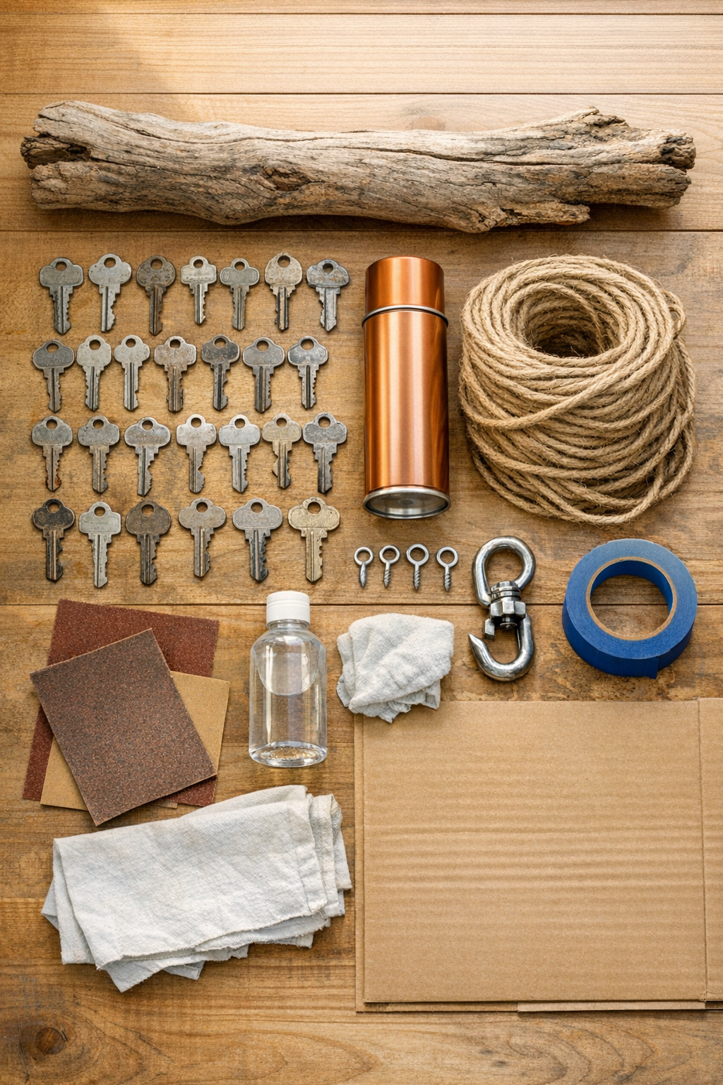 Materials for driftwood key wind chimes laid out together