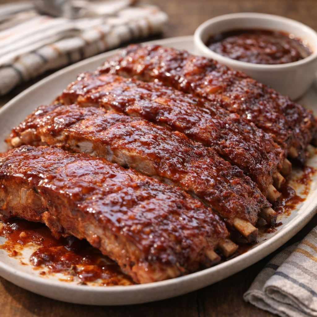 Finished ribs on a serving platter with extra sauce