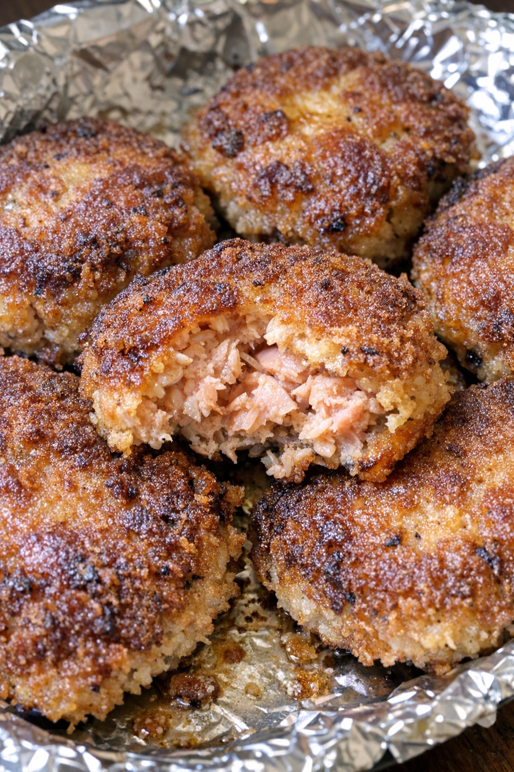 4-ingredient salmon patties on a foil-lined platter
