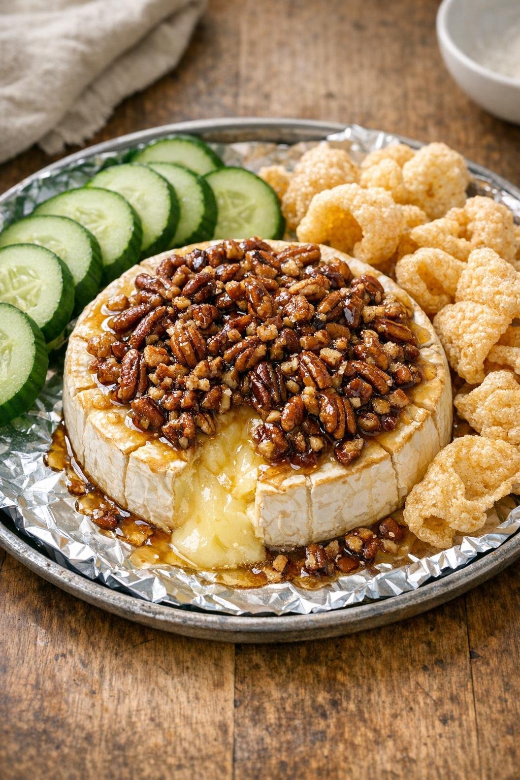 Finished pecan baked brie on a serving tray