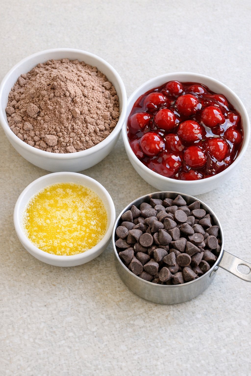 Brownie mix, cherry filling, melted butter, and chocolate chips