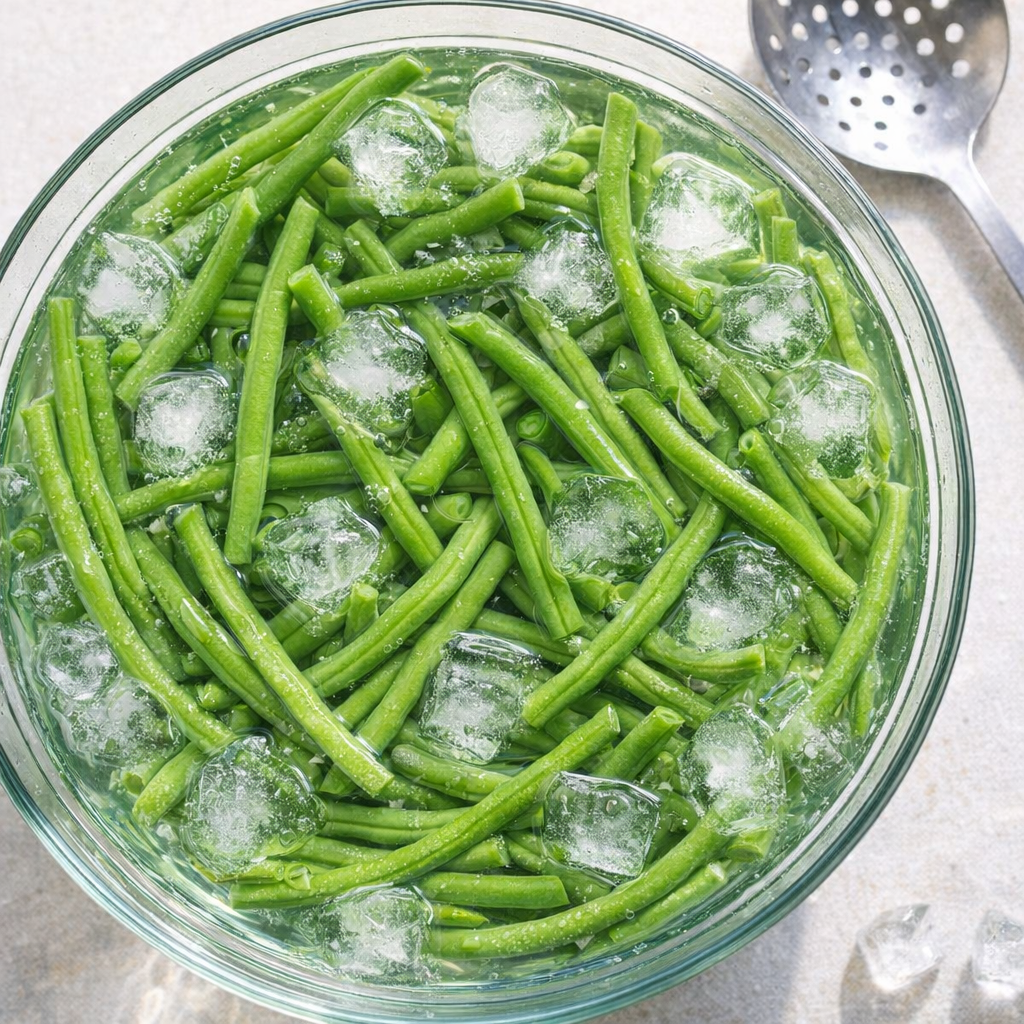 Green beans in an ice bath after blanching
