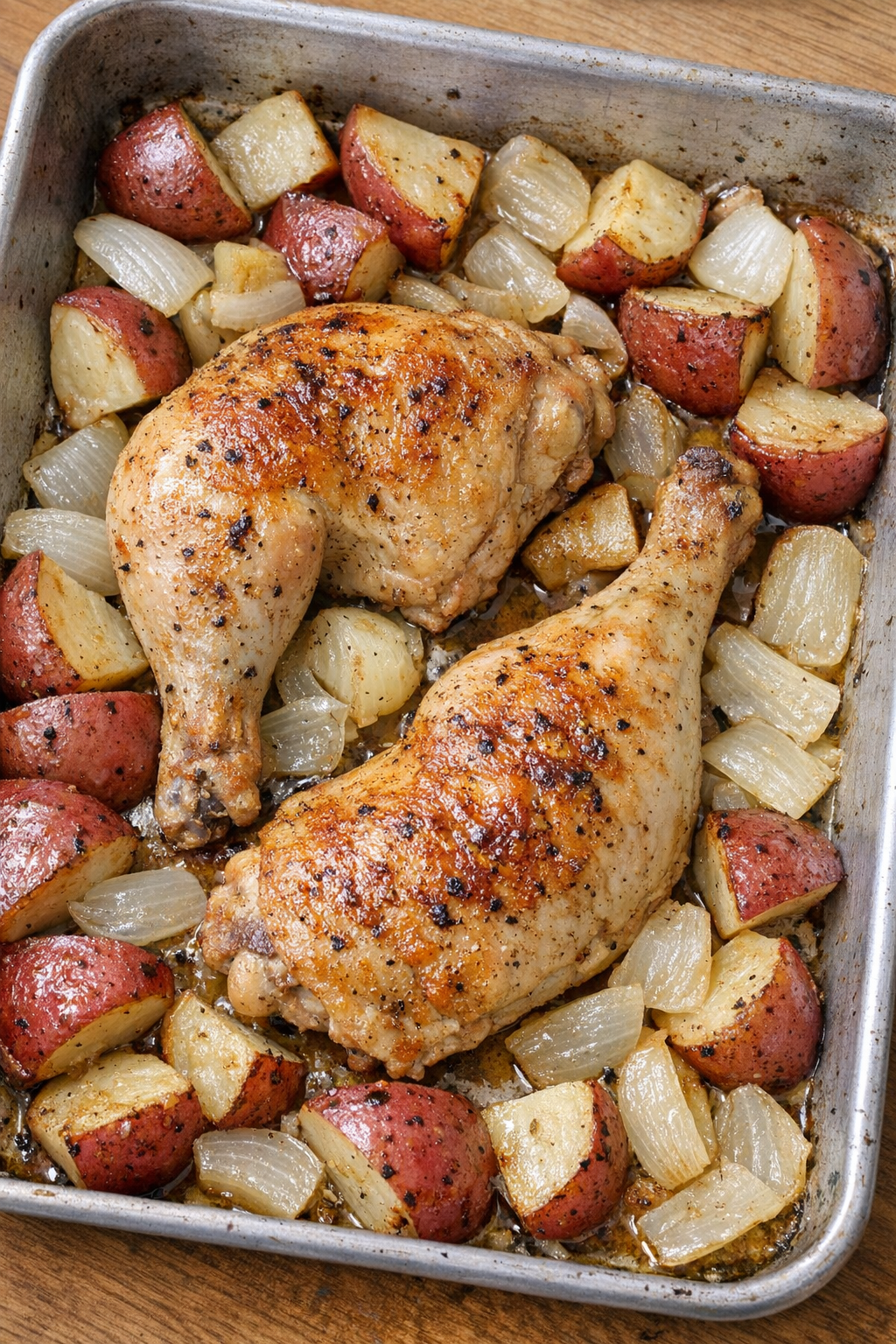 Finished roasted chicken legs with potatoes and onion in a metal roasting pan