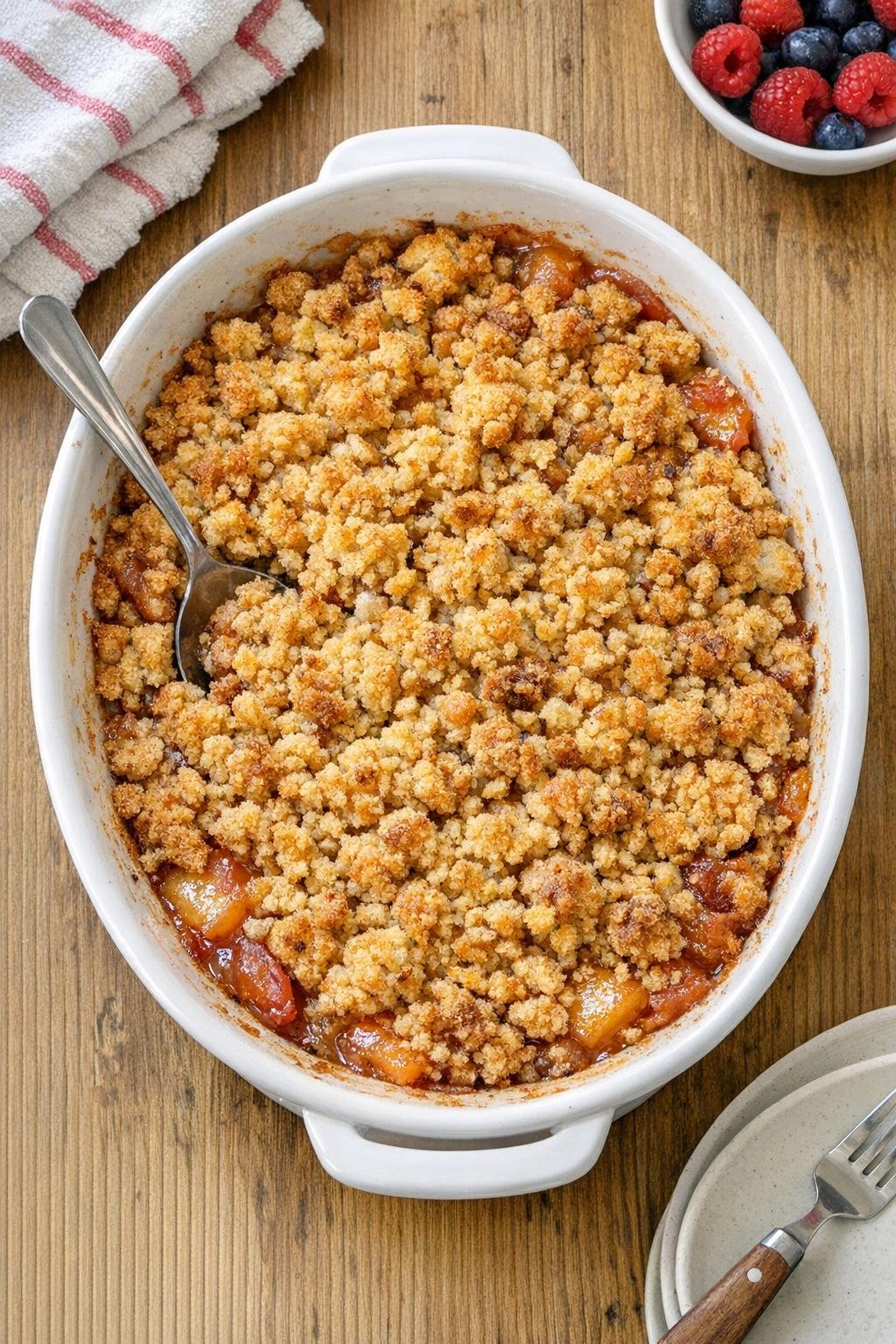 Baked cornbread stuffing dessert in a ceramic casserole dish