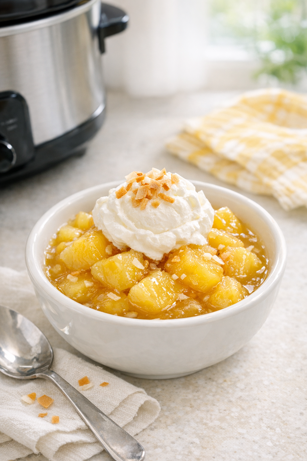 Warm slow cooker pineapple dessert served in a bowl